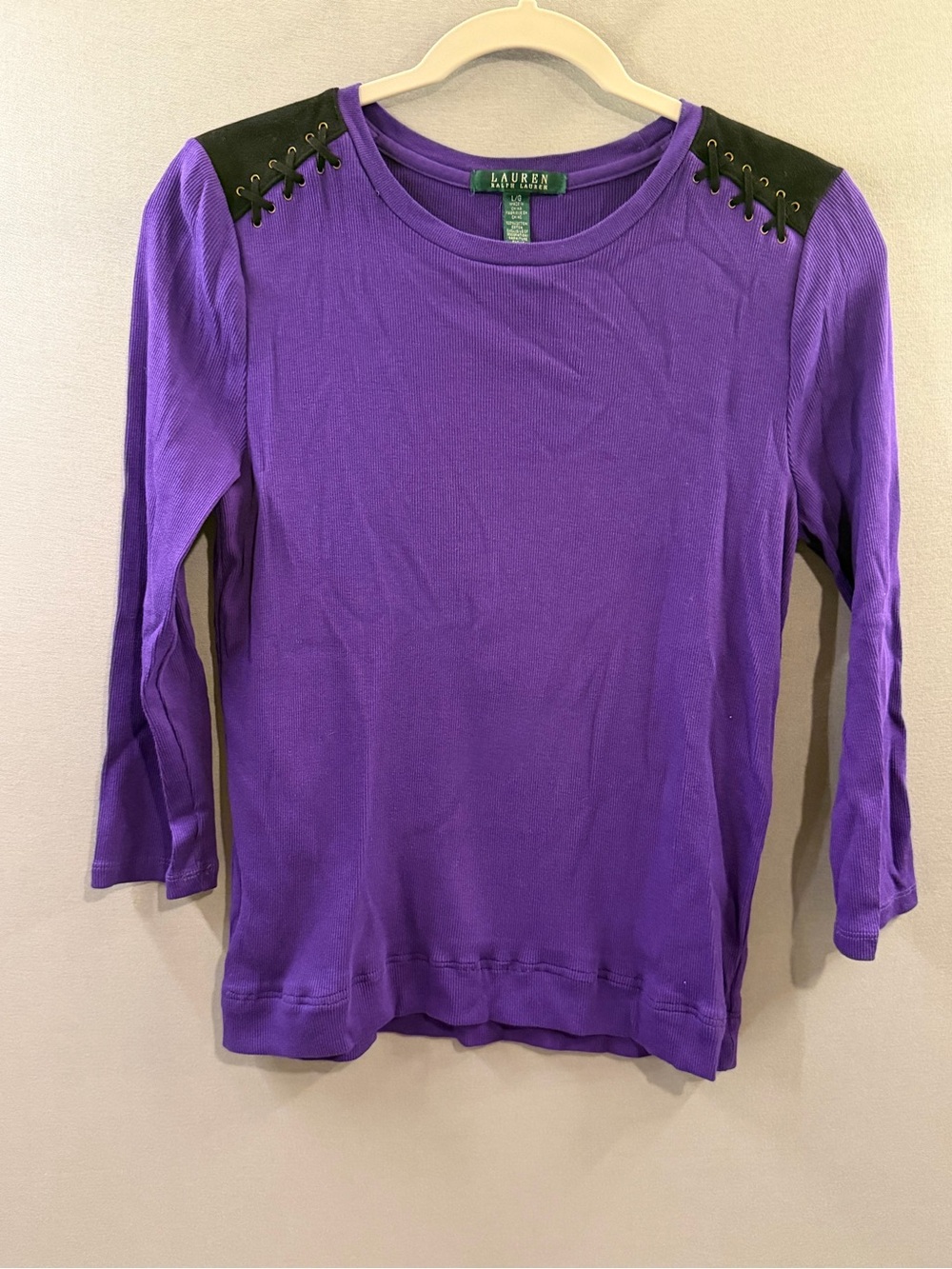 Lauren Ralph Lauren Purple Top with Black suede Lace-Up Shoulders large